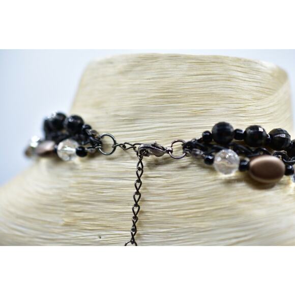 CG Statement Necklace Black Beaded Bronze Faux Crystal Triple Strand Shiny Bin5 - Picture 11 of 12